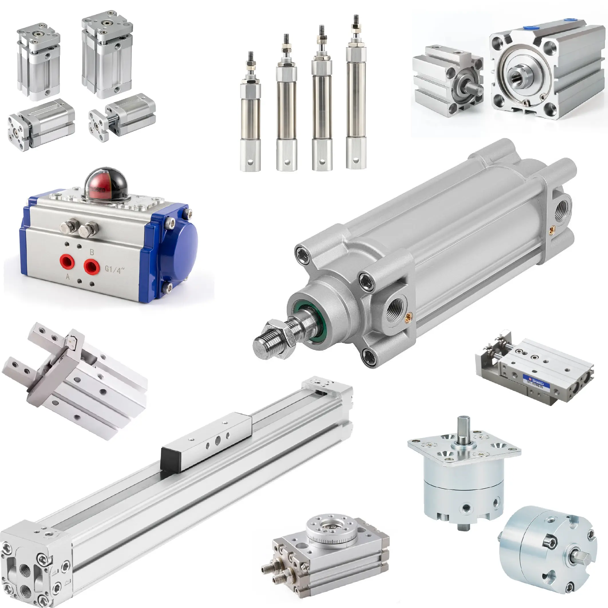 Pneumatic Actuator Pneumatic cylinders come in various types and follow international standards that define their design, dimensions, and interchangeability. ISO 15552 standard cylinders are widely used profile or round cylinders for general industrial automation, known for their modularity and standardized mounting dimensions, making them interchangeable across manufacturers. The ISO 6430 standard cylinders are older tie-rod style cylinders used in heavy-duty applications, often replaced by ISO 15552. Similarly, ISO 6431 cylinders are profile cylinders used in general automation and serve as predecessors to ISO 15552. ISO 6432 cylinders are miniature, stainless-steel-bodied cylinders designed for light-duty and compact spaces, typically without tie rods. For applications requiring compact size with standard bore dimensions, ISO 21287 cylinders offer short-body profile designs with limited stroke lengths compared to ISO 15552. Various specialized cylinder types address specific functional needs. Compact cylinders are space-saving actuators offering high force in short stroke ranges, while PIN cylinders are small and precise, often used in applications requiring light pressing or indexing. Rodless cylinders allow the load to move along the body without a protruding piston rod, making them ideal for long-stroke, space-saving applications. Rotary cylinders convert pneumatic pressure into rotary motion and are used when turning or rotating actions are required. Dual rod cylinders, sometimes called double rod cylinders, feature two parallel rods providing high stability, resistance to twisting, and balanced force output on both sides of the piston. Other guided and precision-oriented cylinders include twin guide cylinders and guide cylinders, both equipped with integrated guide rods to handle lateral loads and prevent rotation, ensuring accuracy in positioning. Pen cylinders are extremely compact and lightweight, resembling the size of a pen, and are suited for tight spaces or delicate automation tasks. Slide cylinders are designed with built-in sliding mechanisms to offer precise horizontal movement, while free mounted cylinders are versatile actuators that support direct and flexible mounting options. Non-rotating cylinders ensure the piston maintains a fixed orientation throughout its stroke, ideal for applications requiring controlled alignment. For gripping and part-handling, pneumatic grippers use compressed air to operate jaws that securely pick and place objects, commonly used in robotic and assembly-line applications. Finally, the SDA series compact cylinders represent a specific model range known for their short body, space efficiency, and availability in various bore sizes, making them popular in compact automation systems.