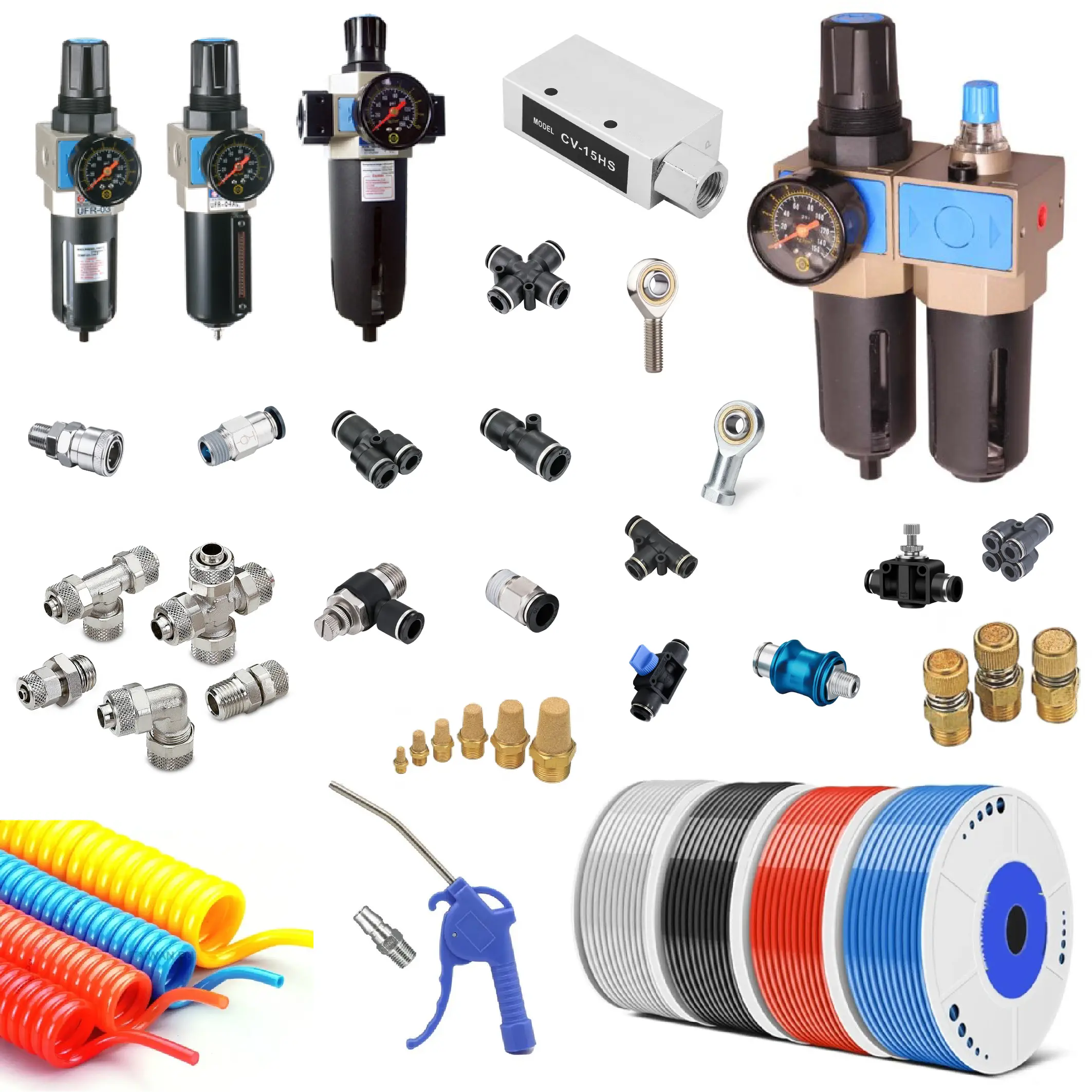 Pneumatic Accessories Pneumatic systems rely on various components to ensure efficient, safe, and precise operation. Pneumatic connectors and pneumatic fittings quick couplers are essential for securely connecting air lines and enabling fast, leak-free connections and disconnections, often without tools. To transport compressed air within the system, polyurethane tubes and nylon tubes are commonly used—polyurethane offers excellent flexibility and kink resistance, making it ideal for dynamic applications, while nylon provides higher pressure resistance and is suitable for more static or heavy-duty installations. Air blow guns are handheld tools used to clean surfaces or blow away debris using compressed air. To reduce noise and protect pneumatic equipment, brass silencers and plastic silencers are installed at exhaust ports; brass versions are more durable, while plastic silencers are lightweight and economical. Flow control silencers combine muffling and flow regulation, helping to control cylinder speed while minimizing noise. In vacuum-based systems, vacuum pads (also called suction cups) provide secure grip on objects during lifting or transfer, while vacuum ejectors generate vacuum using compressed air, commonly used in pick-and-place automation. Mechanical mounting components like the rod end clevis and rod end fish eye (or spherical rod end) provide flexible and articulated connections between actuators and load points, accommodating misalignment and movement. To maintain air quality and system performance, a filter regulator lubricator (FRL) unit is essential—it filters out contaminants, regulates pressure, and adds lubrication to extend component life. Pressure regulators, whether as part of an FRL or standalone, ensure consistent downstream pressure regardless of fluctuations in the supply, which is critical for process stability and equipment protection.