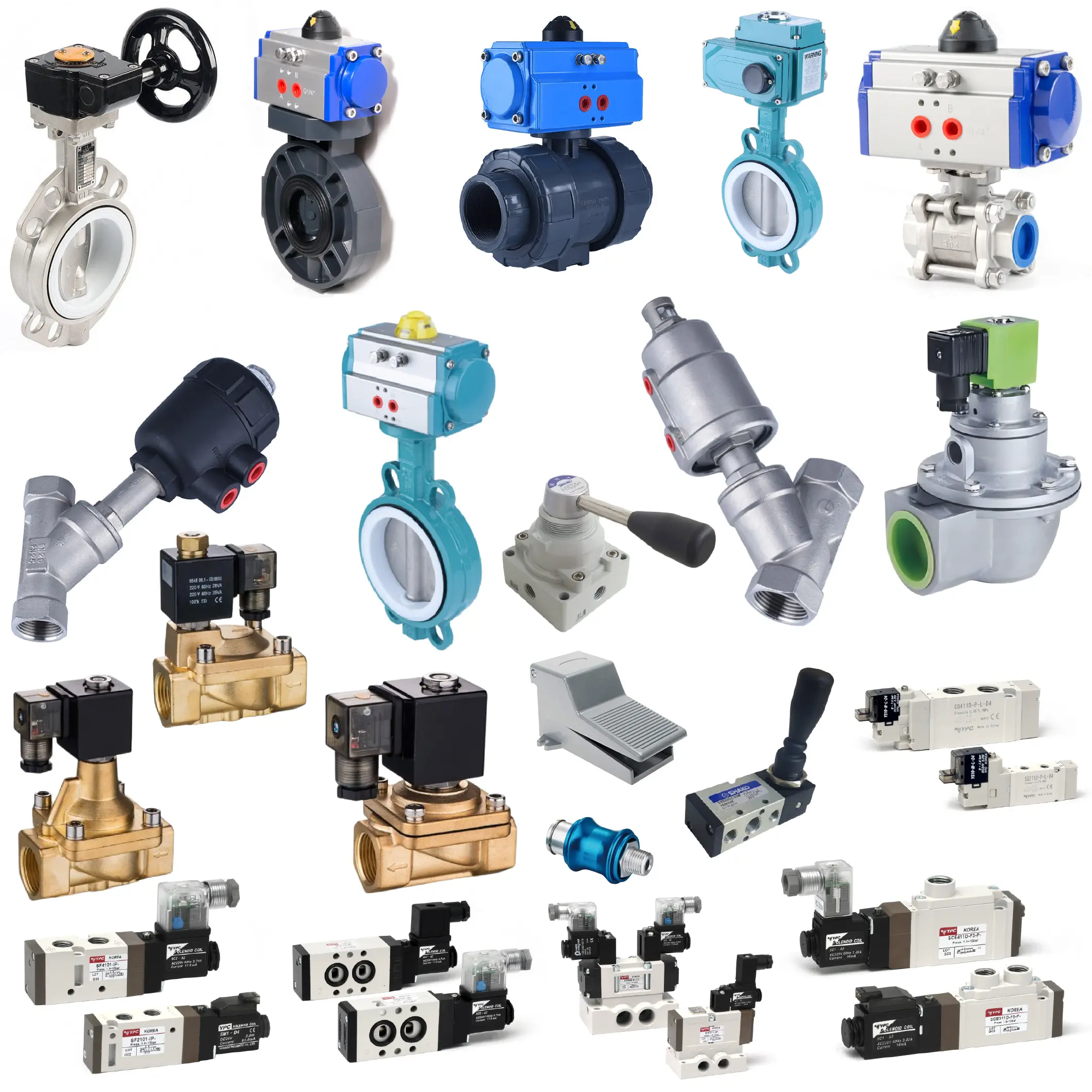 Industrial Valves Our extensive range of industrial and process valves is designed to meet diverse application needs across industries such as oil and gas, chemical, water treatment, pharmaceuticals, HVAC, and food processing. From standard Ball Valves, Gate Valves, Globe Valves, and Butterfly Valves to specialized types like Triple-Offset Butterfly Valves, Knife Gate Valves, and Plug Valves, we offer robust flow control solutions. Our selection includes Check Valves (Non-Return Valves), Foot Valves, Float Valves, and Needle Valves for precision and backflow prevention. We supply Balancing Valves, Control Valves, Flow Control Valves, and Pilot Operated Valves for system efficiency, along with Cryogenic & Hydrogen Valves, Chemical Valves, and High-Pressure, High-Temperature, and Fire Safe Valves for demanding environments. Our actuation options include Manual (Hand Valves), Electric Actuated/Operated Valves, Pneumatic Actuated/Operated Valves, and advanced Solenoid Valves in various configurations such as 2/2, 3/2, 4/2, 5/2, and 5/3 Way Valves (including Mechanical, Pneumatic, and Solenoid variants) and voltages (12VDC, 24VDC, 24VAC, 110VAC, 220VAC). We also offer NAMUR Valves, Angle Seat Valves, Piston Valves, Rotary Valves, Slide Gate Valves, Y-Type Valves, and Pinch Valves for niche applications. Safety and regulation components include Pressure Relief Valves, Safety Valves, Vacuum Relief Valves, Back Pressure Valves, and Emergency Shut-Off Valves. For sanitary and clean process needs, we provide Sanitary Valves, Tank Bottom Valves, and Sampling Valves, along with Instrumentation Valves, Manifold Valves, Mini/Micro/Compact Valves, and Block & Bleed or Double Block & Bleed Valves. Whether it's Steam, Gas, Hot Water, or Chlorine service, our comprehensive valve portfolio ensures optimal performance, safety, and reliability in all flow control applications.