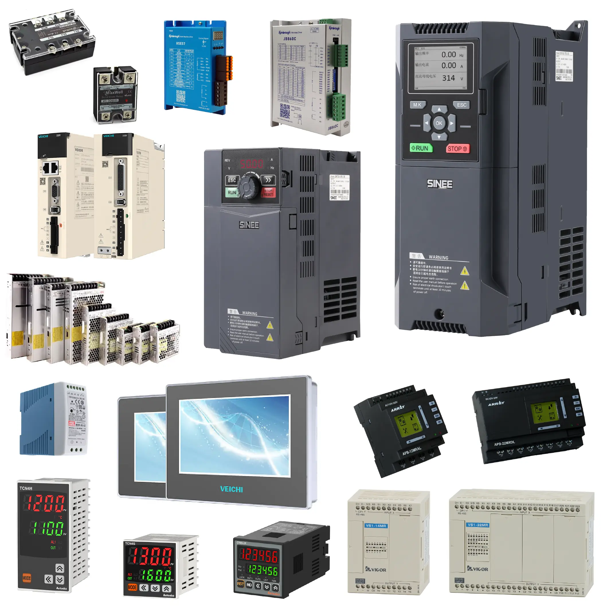 Industrial Controllers Enhance your industrial automation systems with a complete range of control and drive solutions, including Programmable Logic Controllers (PLCs), Frequency Inverters, and Variable Frequency Drives (VFDs) for precise motor control. Maintain optimal process conditions with advanced Temperature Controllers, PID Controllers, Digital Timers, and Digital Counters. Ensure reliable switching with Solid State Relays, and achieve seamless human-machine interaction through intuitive HMI (Human Machine Interface) panels. Power your systems efficiently with robust Switching Power Supplies, and drive precision motion using Stepper Motor Drivers, Servo Drivers, and AC Motor Controllers, all designed for high performance, energy efficiency, and automation reliability.