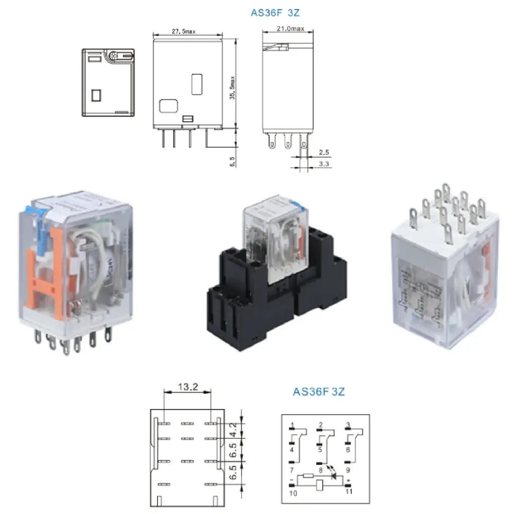 Industrial Relay 11-Pin 3Z, Coil 24VDC, Rated Load 5A 250VAC/30VDC, LED Indicator, Lockable Button