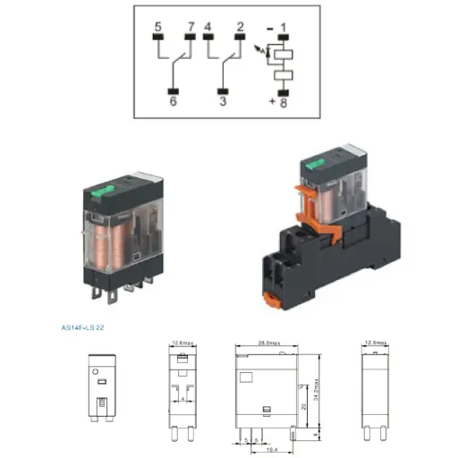 [AS14F-LS2ZD241] Industrial Relay 8-Pin 2Z, Coil 24VDC, Rated Load 8A 250VAC/30VDC, LED Indicator, Lockable Button
