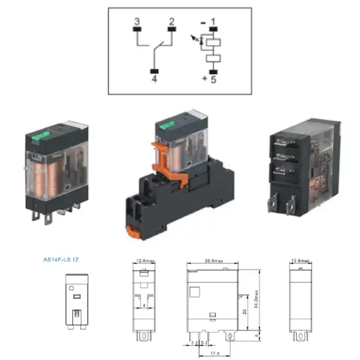 [AS14F-LS1ZA2301] Industrial Relay 5-Pin 1Z, Coil 230VAC, Rated Load 12A 250VAC/30VDC, LED Indicator, Lockable Button