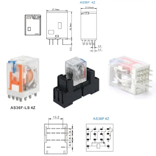 [AS36F-LS4Z241] Industrial Relay 14-Pin 4Z, Coil 24VDC, Rated Load 5A 250VAC/30VDC, LED Indicator, Lockable Button