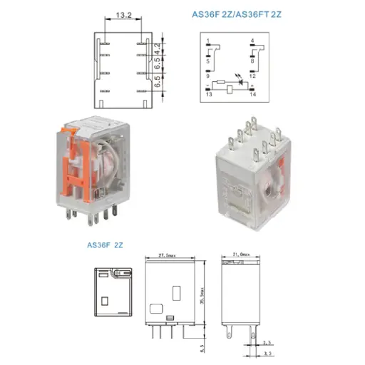 [AS36FT-LS2Z241] Industrial Relay 8-Pin 2Z, Coil 24VDC, Rated Load 10A 250VAC/30VDC, LED Indicator, Lockable Button